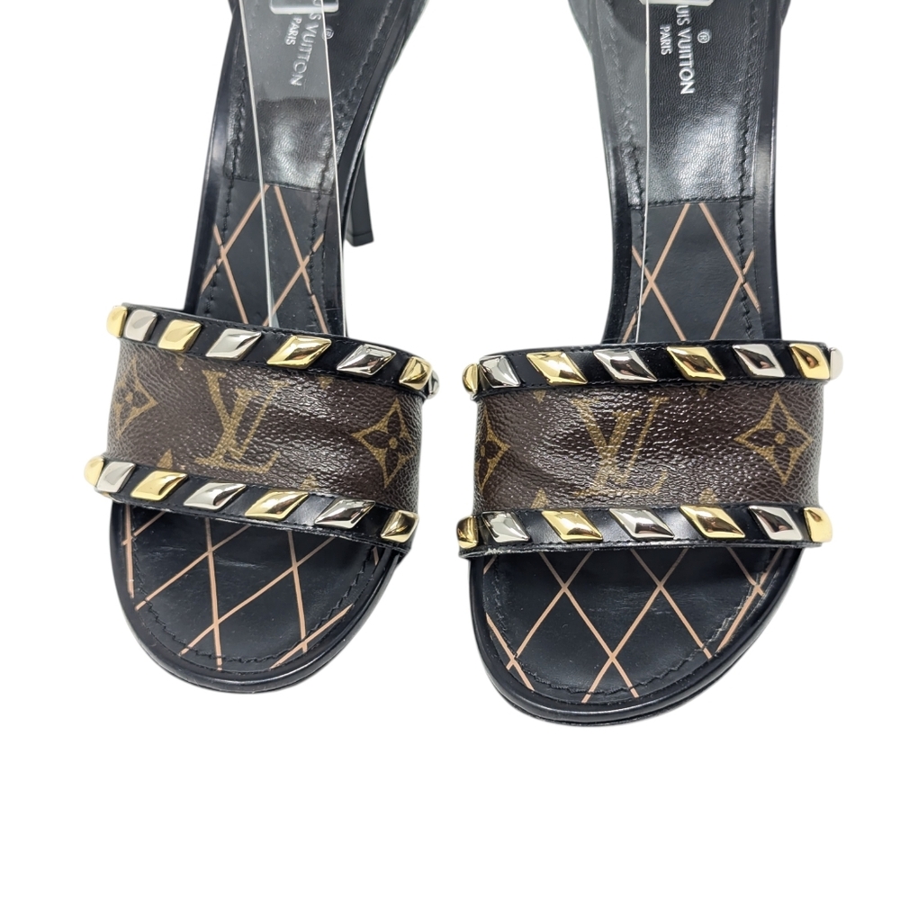 Louis Vuitton Monogram Gold & Silver Studded Dress Up Sandal Heels Size EU 38 - Picture 4 of 11